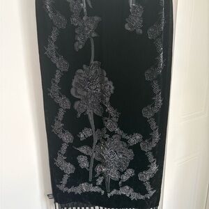 Silk Elegant Black Floral Scarf with Fringe